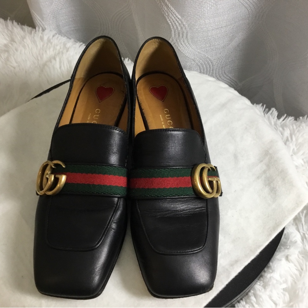 Authentic Gucci Black Leather Loafers with Red and Green Web & Gold Double G - Picture 2 of 12